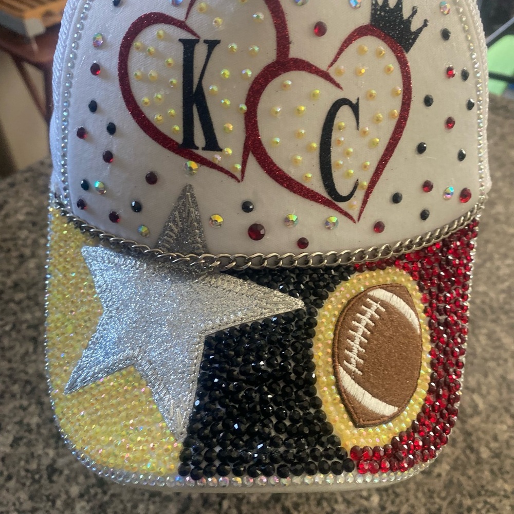 Women’s Bejeweled Cap with Heart and Football Design